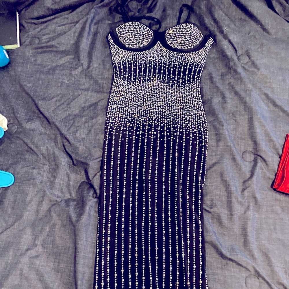 Black mesh midi dress with rhinestone